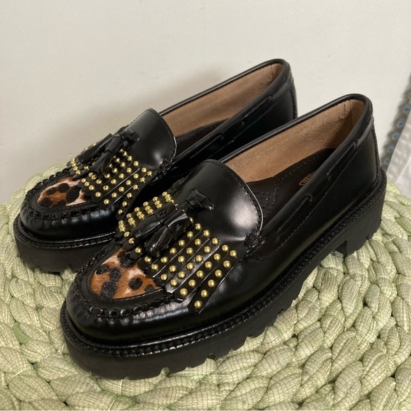 NWOB G.H Bass Weejuns Esther Stud Black Leather Leopard Super Lug Kiltie Loafers - Picture 2 of 10